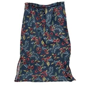 Blast‎ Vintage Large Tropical Floral Linen Rayon Maxi Skirt Navy Blue Side Slits